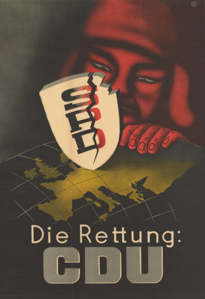 Предвыборный плакат Христианско-демократического союза (ХДС), 1949 год: красные монголоиды угрожают Германии, а СДПГ их пособники.