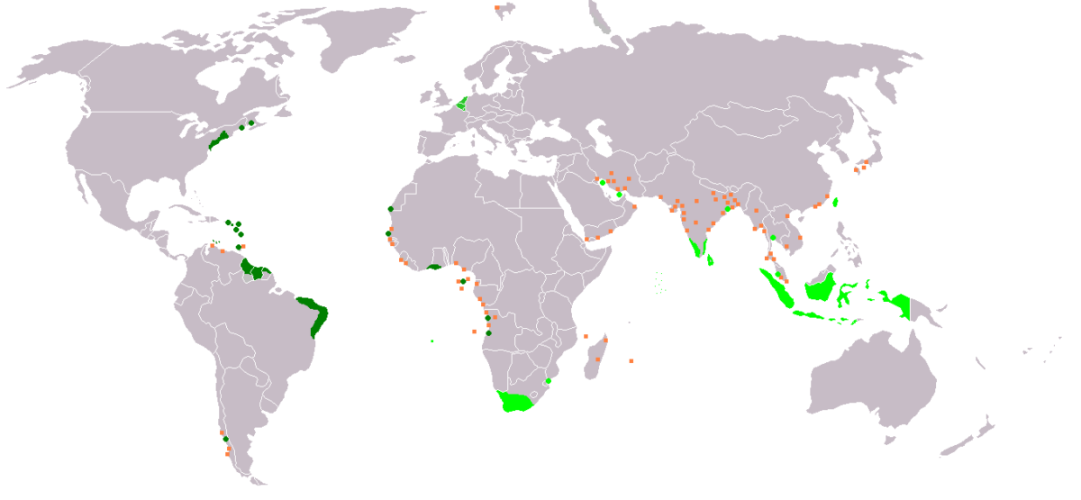 Карта колоний Нидерландов. Светло-зелёный цвет — VOC (Vereenigde Oostindische Compagnie, Объединённая Ост-Индская компания), тёмно-зелёный цвет — WIC (West-Indische Compagnie, Вест-Индская компания), оранжевые точки — торговые посты. Важный момент в том, что VOC и WIC — это были не государственные, а частные акционерные компании.