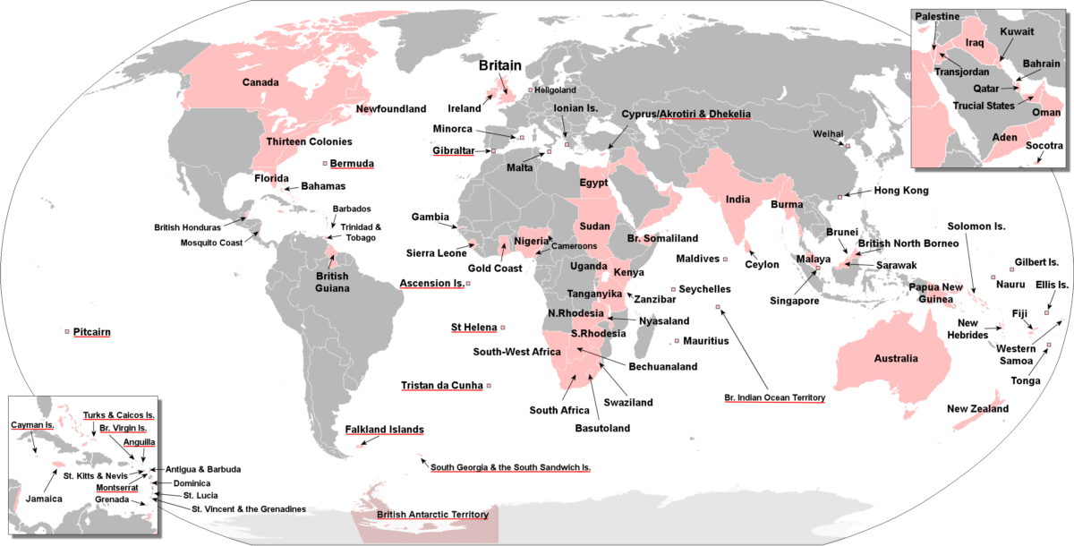 карта территорий, побывавших частью Британской империи
