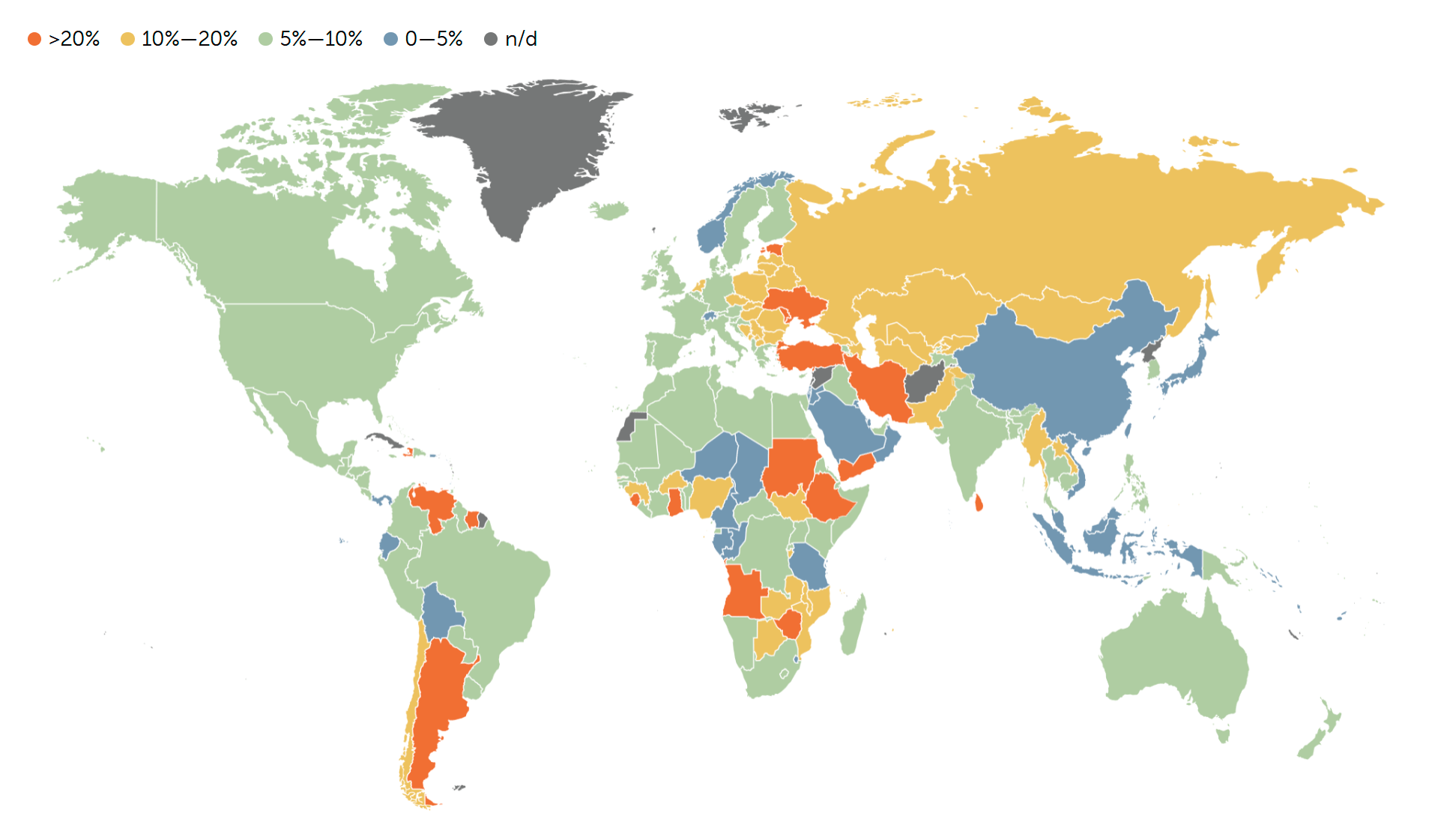 Размер инфляции (2022 год) по странам мира, МВФ, карта