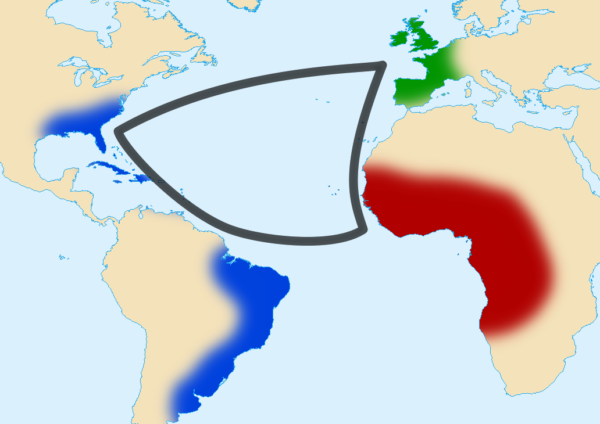 Общая схема и приблизительные области, вовлечённые в треугольную торговлю XVI—XIX веков