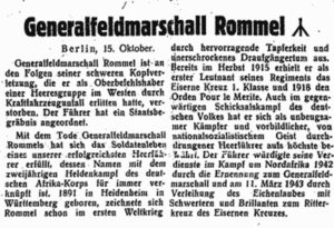 Официальное сообщение о смерти генерал-фельдмаршала Эрвина Роммеля. Нацистская газета Bozner Tagblatt, №241, 16 октября 1944 года.