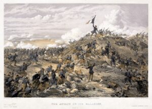 Гравюра «Attack on the Malakoff», Уильям Симпсон, октябрь 1855. Успешный штурм французскими войсками Малахова кургана 27 августа (8 сентября) 1855 стал решающим эпизодом, позволившим захватить Севастополь.