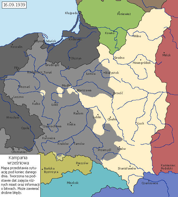 Германо-польская война, положение по состоянию на 16 сентября 1939, карта