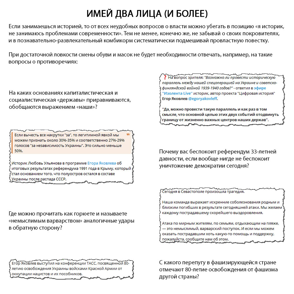 Если занимаешься историей, то от всех неудобных вопросов о власти можно убегать в позицию «я историк, не занимаюсь проблемами современности». Тем не менее, конечно же, не забывай о своих покровителях, и в познавательно-развлекательный комбикорм систематически подмешивай провластную повестку. При достаточной ловкости смены обуви и масок не будет необходимости отвечать, например, на такие вопросы о противоречиях: На каких основаниях капиталистическая и социалистическая «державы» приравниваются, обобщаются выражением «наши»? Почему вас беспокоит референдум 33-летней давности, если вообще нигде не беспокоит уничтожение демократии сегодня? Где можно прочитать как горюете и называете «немыслимым варварством» аналогичные удары в обратную сторону? С какого перепугу в фашизирующейся стране отмечают 80-летие освобождения от фашизма другой страны?