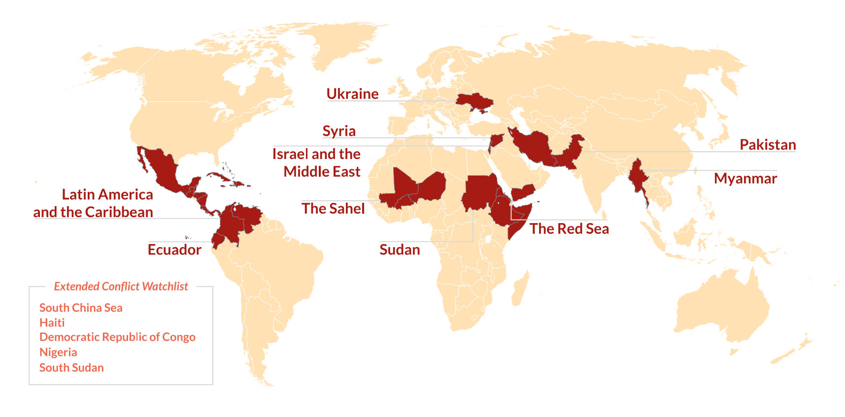 Список стран и регионов, находящихся под угрозой конфликтов в 2026 году. Составлено ACLED в конце 2025 года.