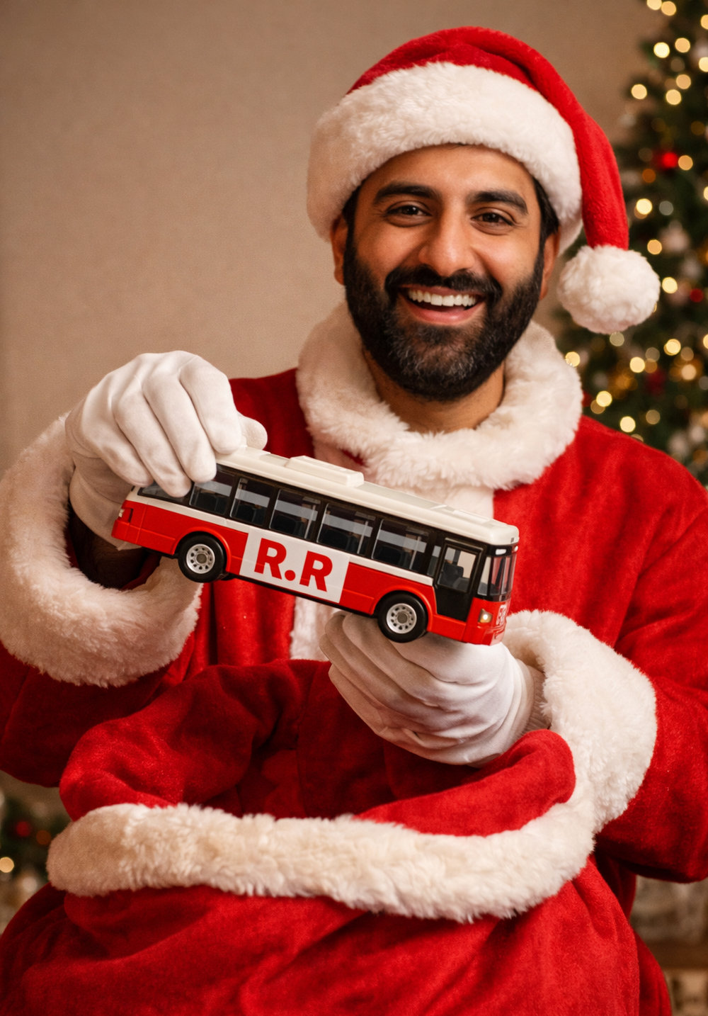 Зохран Мамдани в костюме Санта-Клауса дарит автобус (ИИ-рисунок)
