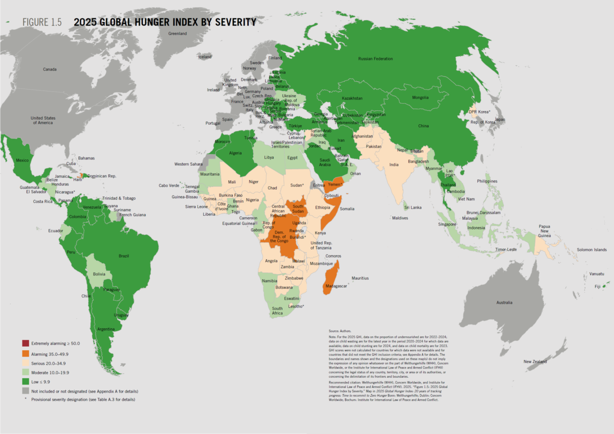 Карта уровня голода в странах мира за 2025 год. Global Hunger Index (GHI), International Food Policy Research Institute (IFPRI).
