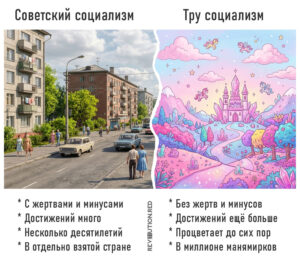 Споры об опыте правильного и неправильного (советского и вымышленного) социализма из прошлого. Мем.