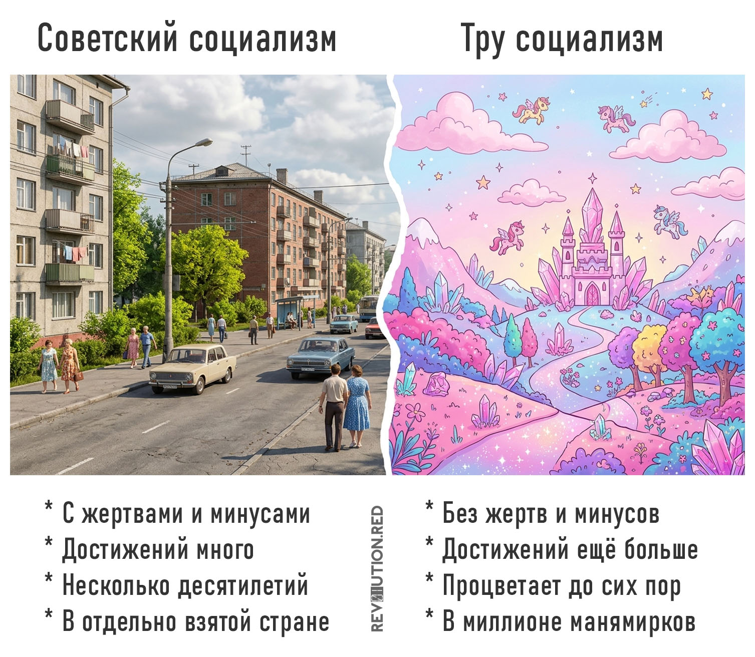 Споры об опыте правильного и неправильного (советского и вымышленного) социализма из прошлого. Мем.